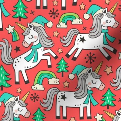 Christmas Holidays Unicorn Rainbow & Mint Green Trees Doodle Green on Red