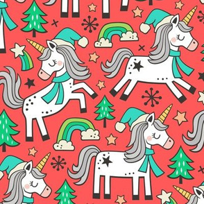 Christmas Holidays Unicorn Rainbow & Mint Green Trees Doodle Green on Red