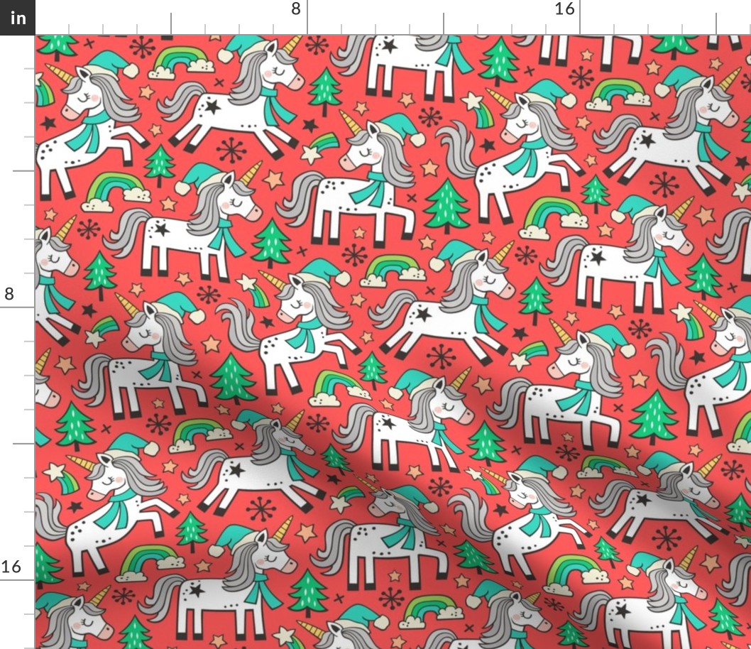 Christmas Holidays Unicorn Rainbow & Mint Green Trees Doodle Green on Red