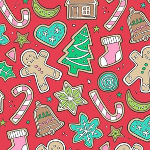 Christmas Xmas Holiday Gingerbread Man Cookies Winter Candy Treats Pink on Red
