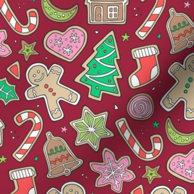 Christmas Xmas Holiday Gingerbread Man Cookies Winter Candy Treats Pink on Dark Red