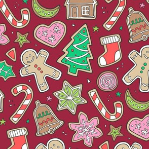 Christmas Xmas Holiday Gingerbread Man Cookies Winter Candy Treats Pink on Dark Red