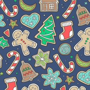 Christmas Xmas Holiday Gingerbread Man Cookies Winter Candy Treats on Navy Blue