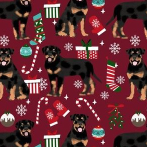 rottweiler christmas fabric - rottie dog fabric, rottweiler christmas dog, christmas dog fabric, christmas design - marroon