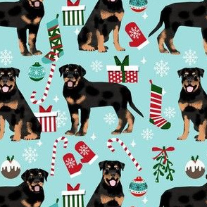 rottweiler christmas fabric - rottie dog fabric, rottweiler christmas dog, christmas dog fabric, christmas design -  light blue