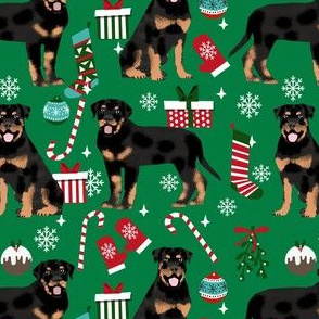 rottweiler christmas fabric - rottie dog fabric, rottweiler christmas dog, christmas dog fabric, christmas design - green