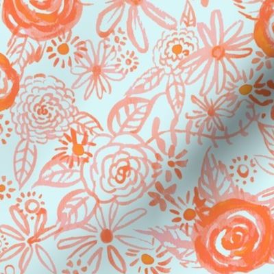 Stamped Watercolor Floral // Orange and Lt Mint