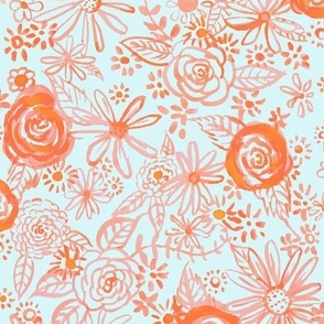 Stamped Watercolor Floral // Orange and Lt Mint