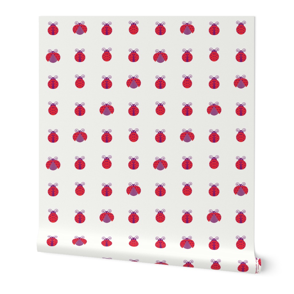 Red ladybugs with purpled dots aligned over light cream background seamless pattern
