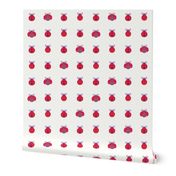 Red ladybugs with purpled dots aligned over light cream background seamless pattern