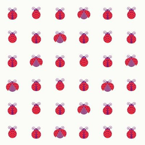 Red ladybugs with purpled dots aligned over light cream background seamless pattern