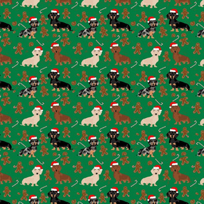 doxie gingerbread fabric - dog holiday baking fabric, santa paws fabric, cute dog christmas fabric - green