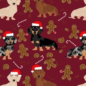 doxie gingerbread fabric - dog holiday baking fabric, santa paws fabric, cute dog christmas fabric - burgundy