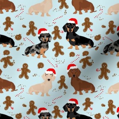 doxie gingerbread fabric - dog holiday baking fabric, santa paws fabric, cute dog christmas fabric - light blue