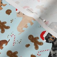 doxie gingerbread fabric - dog holiday baking fabric, santa paws fabric, cute dog christmas fabric - light blue