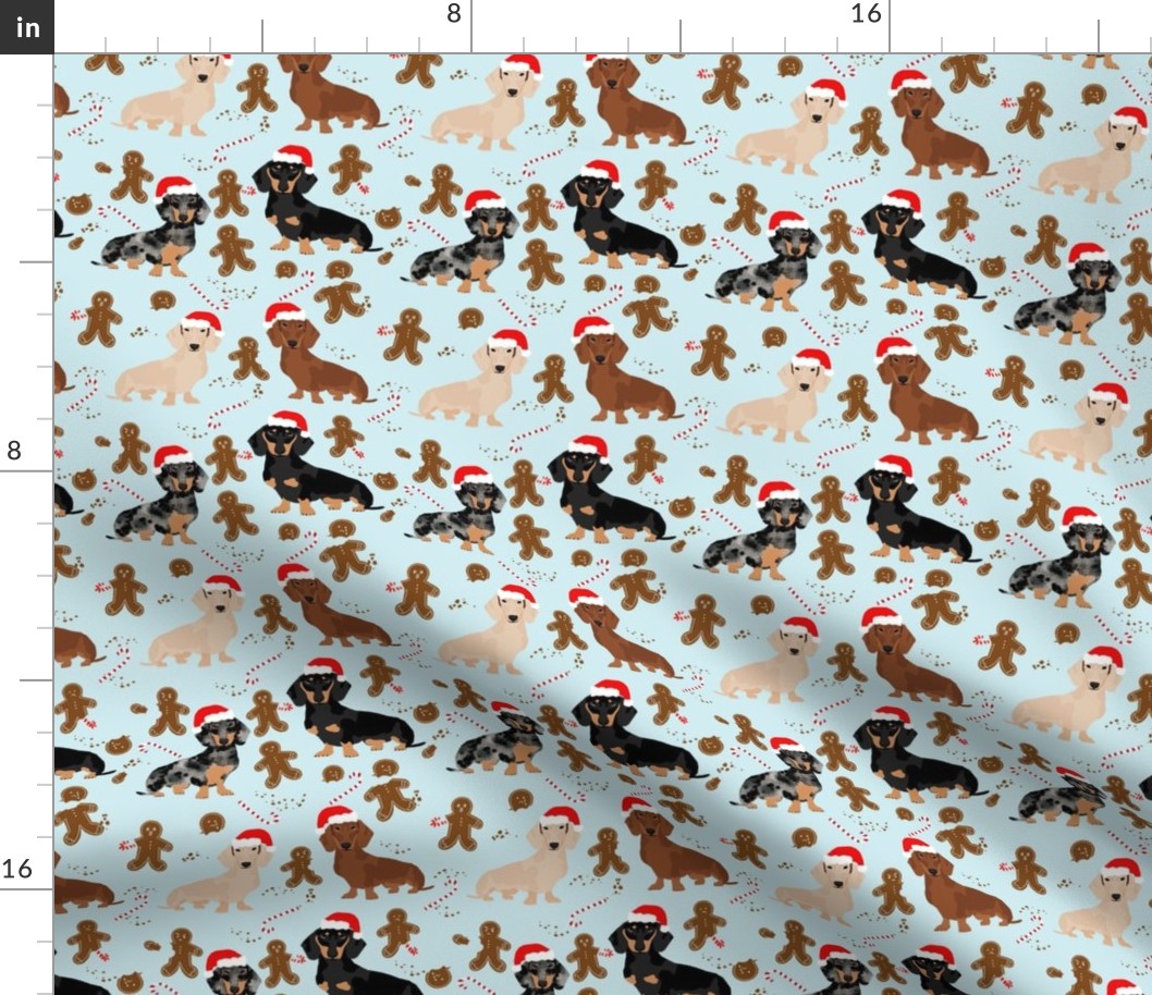 doxie gingerbread fabric - dog holiday baking fabric, santa paws fabric, cute dog christmas fabric - light blue