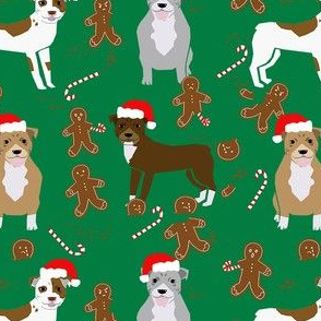 pitbull gingerbread fabric - dog holiday baking fabric, santa paws fabric, cute dog christmas fabric - green