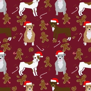 pitbull gingerbread fabric - dog holiday baking fabric, santa paws fabric, cute dog christmas fabric -  burgundy
