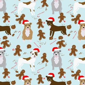 pitbull gingerbread fabric - dog holiday baking fabric, santa paws fabric, cute dog christmas fabric -  light blue