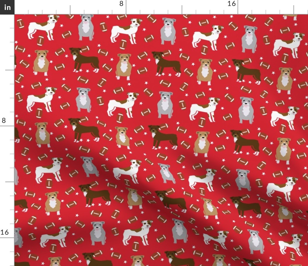 pitbull football fabric - american football fabric, dog football fabric, dogs fabric - red