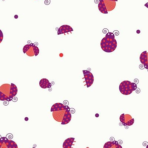 Messy purple ladybugs walking and flying with red and purple dots seamless pattern