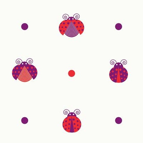 Purple and red ladybugs intercalated with red and purple dots over light yellow background seamless pattern