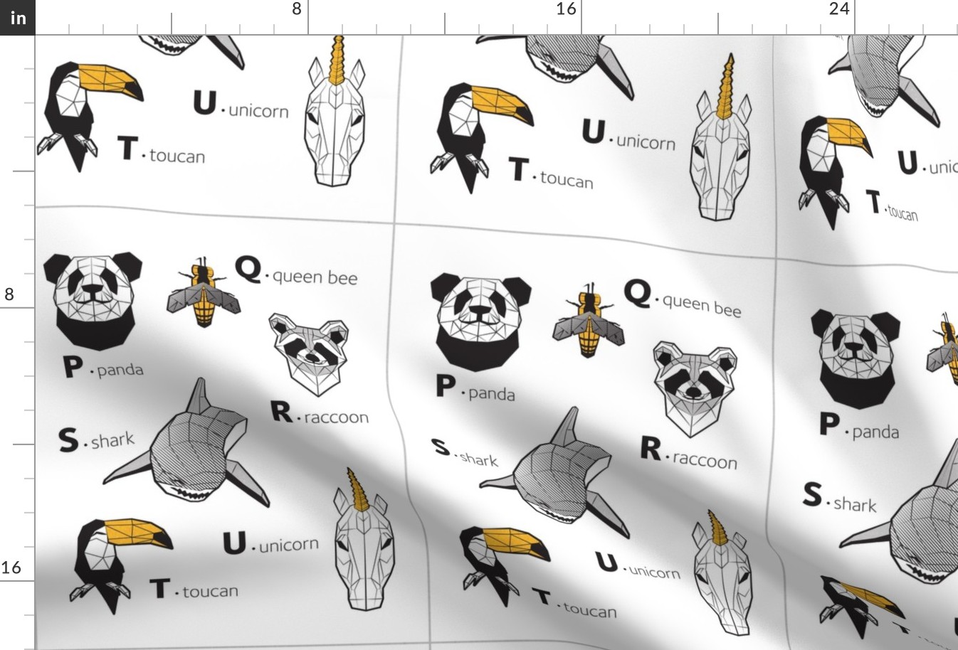 P to U - Geometric animal alphabet // white background yellow details