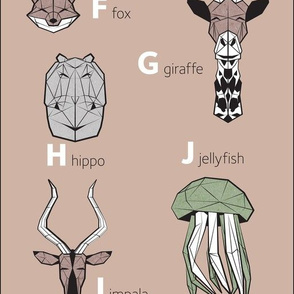 F to J - Geometric animal alphabet // taupe background green details