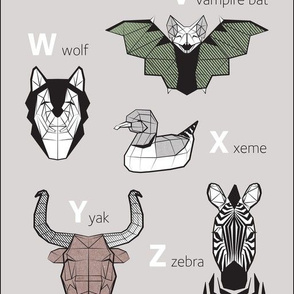 V to Z - Geometric animal alphabet // grey background green details