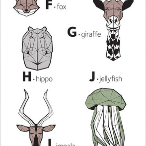 F to J - Geometric animal alphabet // white background green details