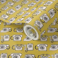 rotary telephone // vintage mustard yellow phone rotary hand-drawn illustration