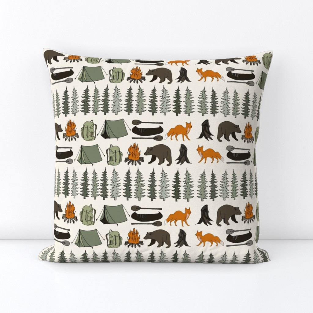 camping // cream bear fox woodland forest trees outdoors illustration