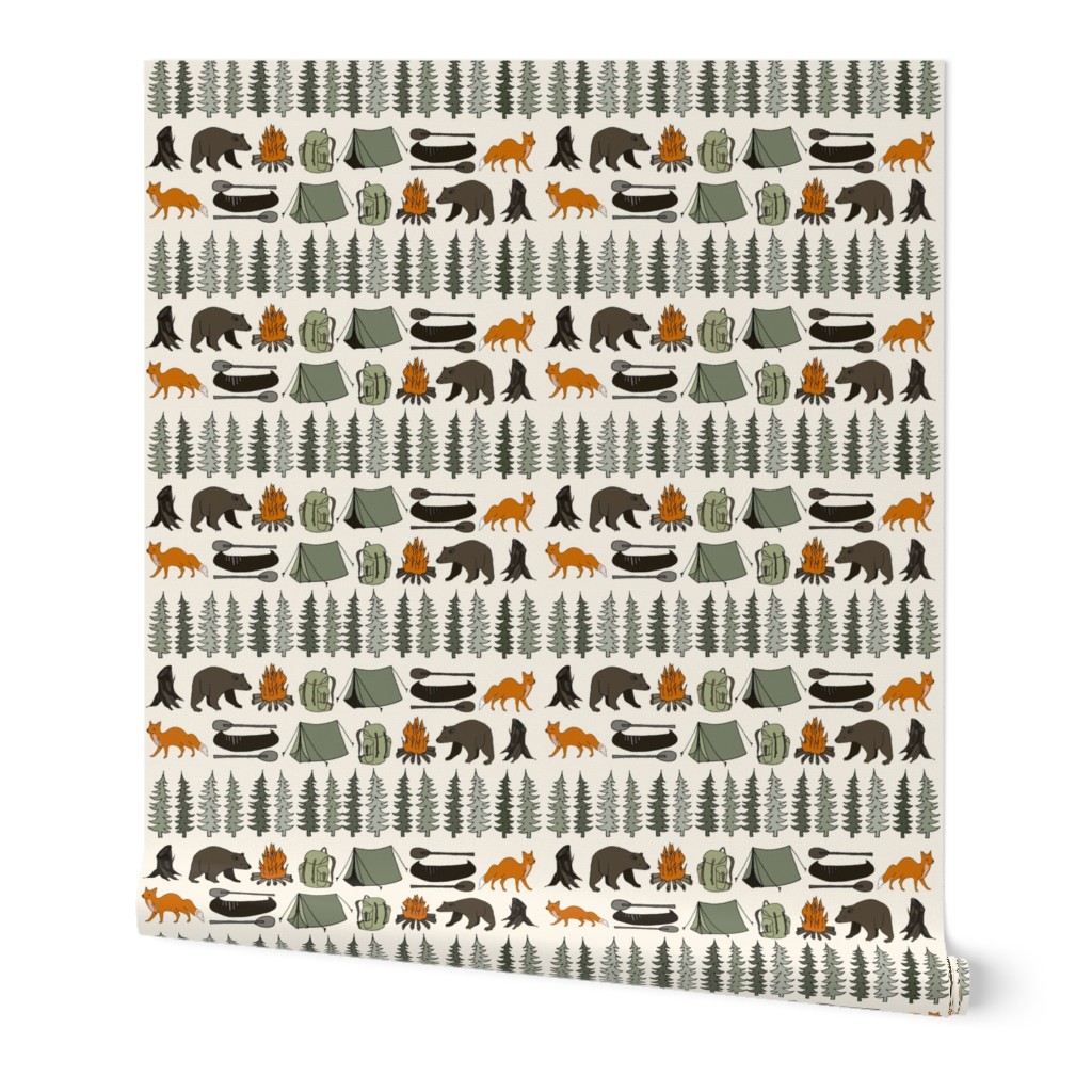 camping // cream bear fox woodland forest trees outdoors illustration