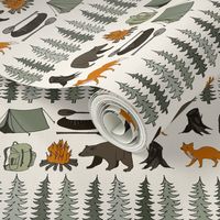 camping // cream bear fox woodland forest trees outdoors illustration