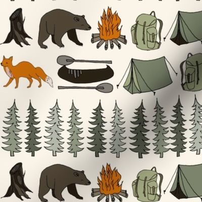 camping // cream bear fox woodland forest trees outdoors illustration