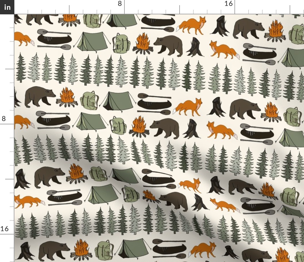 camping // cream bear fox woodland forest trees outdoors illustration