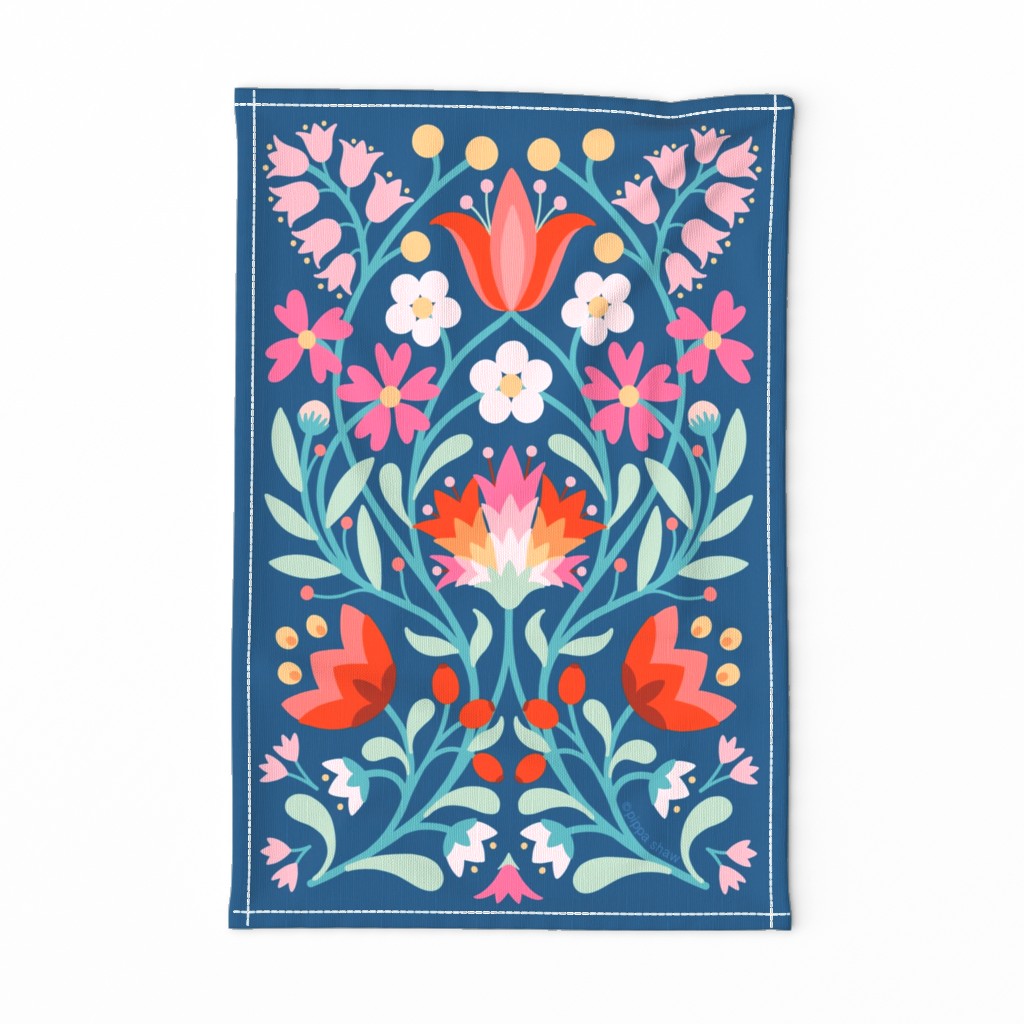 folk embroidery flowers tea towel in blue by Pippa Shaw