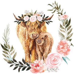 18x18 inch patch pink highland cow floral