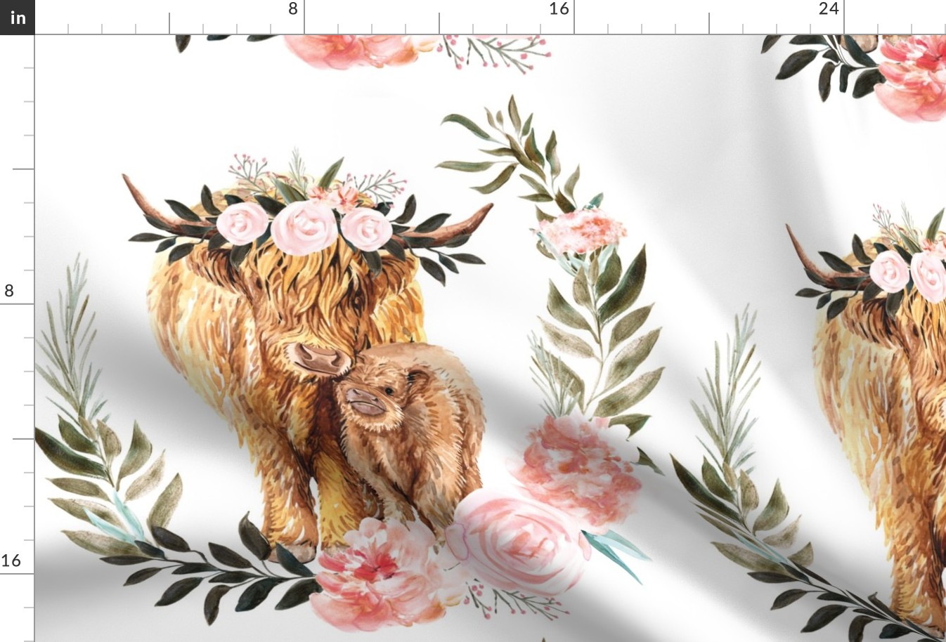18x18 inch patch pink highland cow floral Fabric bykarolina_papiez