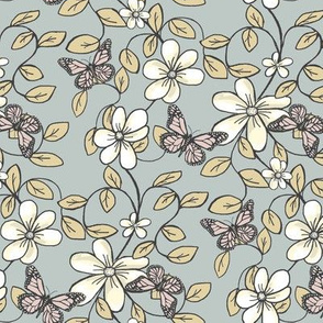 Floral "Flowers & Flutters" / Vines & Butterflies  2 Grey,Camel,Blush    