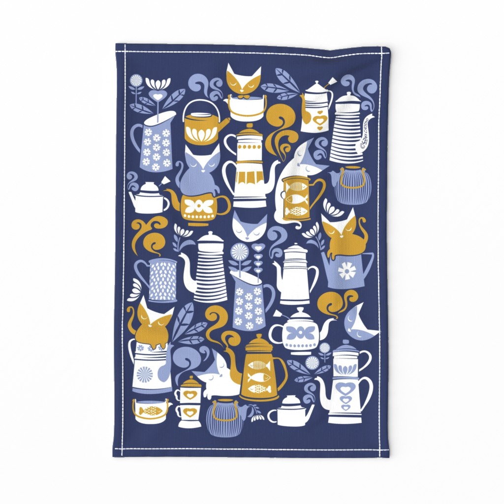 Folk Tea Invitation Tea Towel // pale blue white and yellow cats