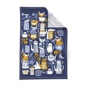 Folk Tea Invitation Tea Towel // pale blue white and yellow cats