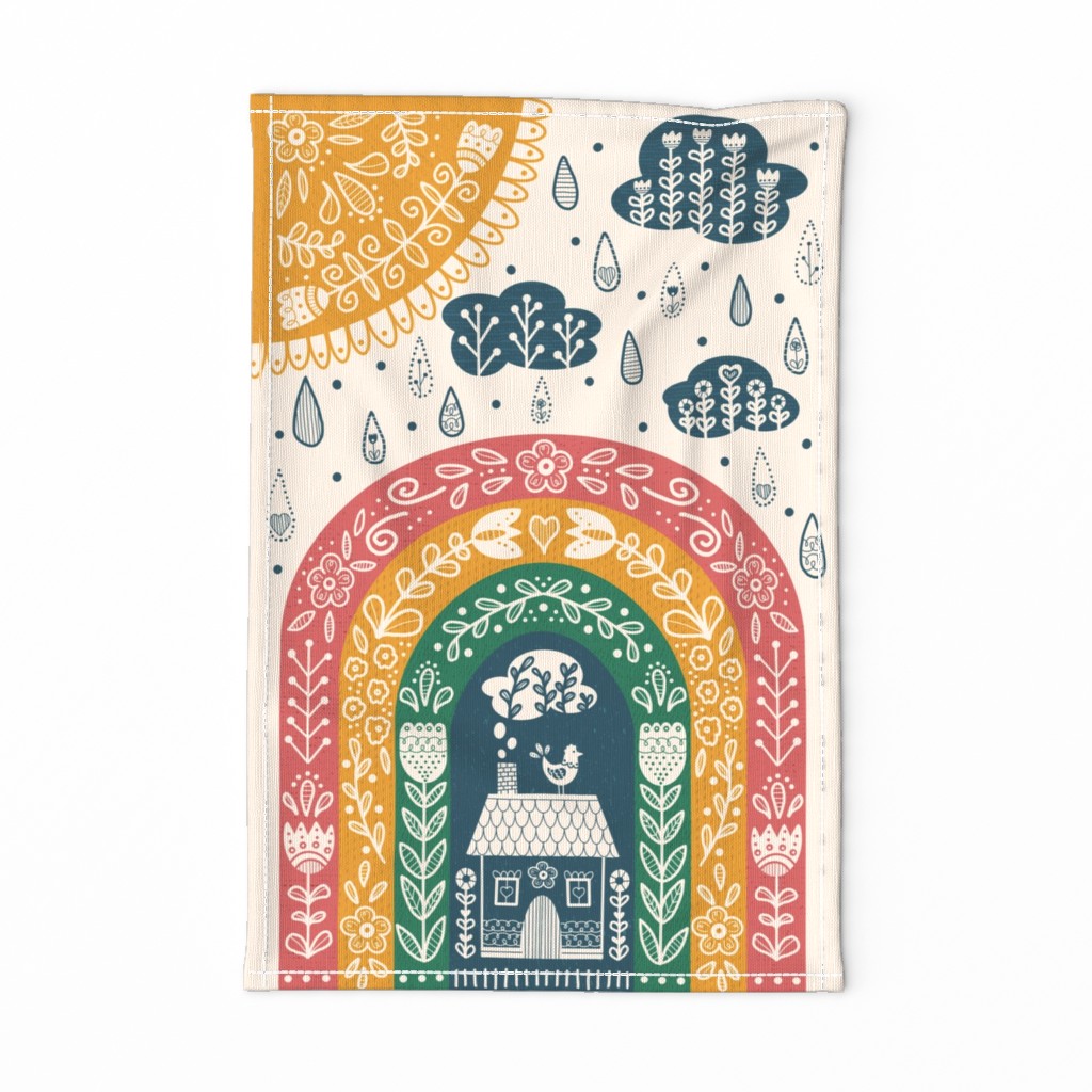 Folk Art Rainbow Tea Towel // hand drawn scandinavian folk art rainbow kitchen decor tea towel 