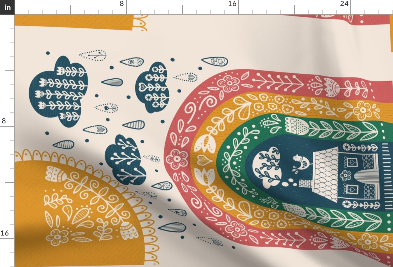 Folk Art Rainbow Tea Towel // hand drawn scandinavian folk art rainbow kitchen decor tea towel 
