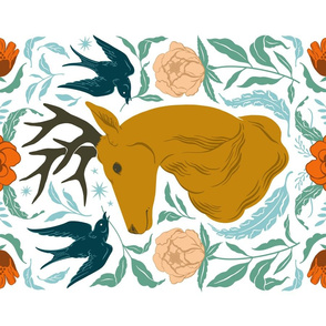 Deer Folk Art Tea Towel - Orange White FALL