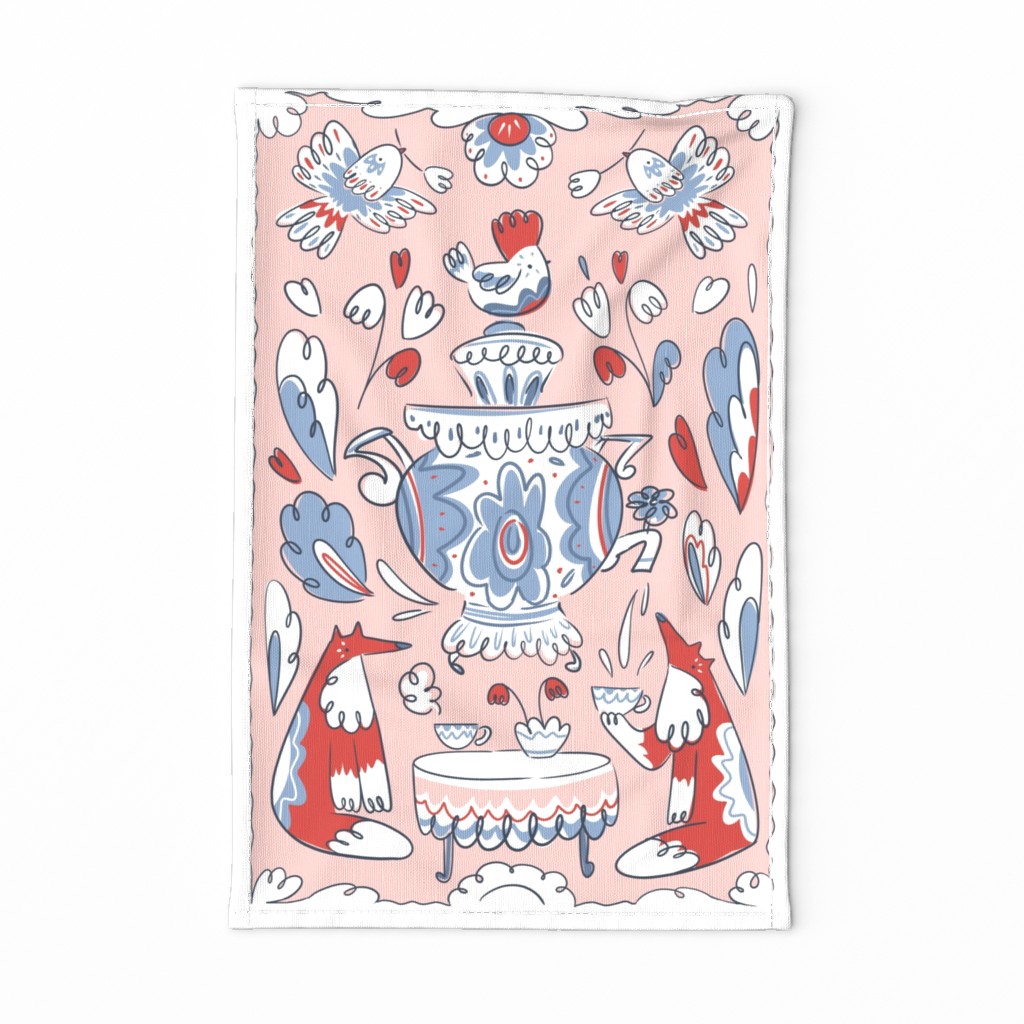 folk art tea party towel