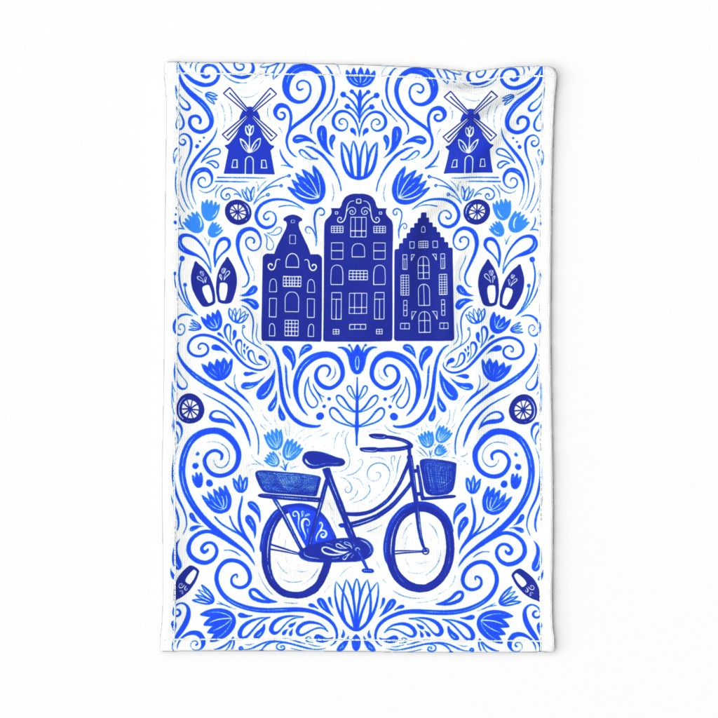 Dutch Bike Folk Art Tea Towel // Delft Blue Inspired Netherlands Design // Bike, Windmill, Canal Houses, Clogs // Amsterdam Love