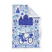 Dutch Bike Folk Art Tea Towel // Delft Blue Inspired Netherlands Design // Bike, Windmill, Canal Houses, Clogs // Amsterdam Love