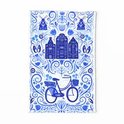 Dutch Bike Folk Art Tea Towel // Delft Blue Inspired Netherlands Design // Bike, Windmill, Canal Houses, Clogs // Amsterdam Love