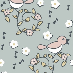 Summer Song / Birds Flowers Pink Grey  
